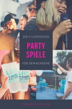 a collage of photos with the words party spiel on it and people holding cups