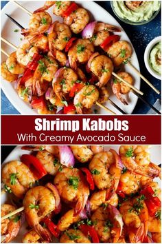 shrimp kabobs with creamy avocado sauce on a white plate and in a bowl