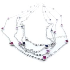 Ready 10 Station Moissanite Ruby Pink or Blue Sapphire Necklace / 1 Carat Diamond By the Yard Necklace / Birthstone Bezel Set Necklace /Gift This Gorgeous Necklace will be created with your choice of birthstone or favorite gems. Can be worn alone, match or Get the Look with a stack! Customize gems to create your own unique look. The ultimate accessory for any Big Day or everyday wear!! Makes the perfect gift for that special someone in your life. Sure to be treasured for a lifetime! Looking for Silver Necklace With Stones In Fine Jewelry Style, Silver Necklaces With Stones In Fine Jewelry Style, Silver Necklaces With Stones - Fine Jewelry, Brilliant Cut Sapphire Necklace In Sterling Silver, Sterling Silver Sapphire Necklace With Brilliant Cut, White Gold Sapphire Birthstone Necklace, Silver Round Sapphire Jewelry, Sterling Silver Sapphire Multi-stone Jewelry, Silver Sapphire Jewelry With Brilliant Cut