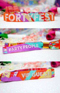 the party people name tags are colorfully decorated with confetti and streamers