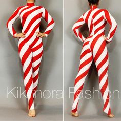 two photos of a woman in red and white striped bodysuits with her hands on her hips