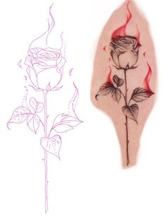 a drawing of a rose with flames coming out of it and the outline of a flower