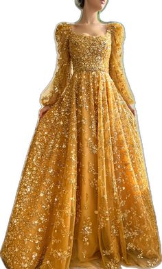 Elegant Yellow Gown With Intricate Embroidery, Embroidered Orange Floor-length Dress, Teuta Matoshi Gold Dress, Orange Dress With Intricate Embroidery, Semi-stitched Yellow Gown With Intricate Embroidery, Teuta Matoshi, Embroidered Lace Fabric, Puffy Sleeves, Bustier Top