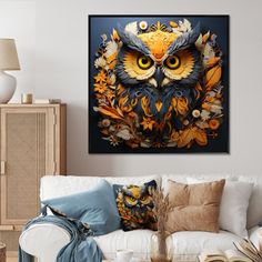 an owl painting on the wall above a couch