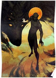 an illustration of a man and a wolf in front of a red moon with orange eyes