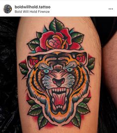 a tiger with roses on its head is shown in this tattoo art work by artist mark taylor