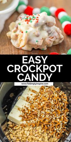 an easy crockpot candy recipe with marshmallows and sprinkles