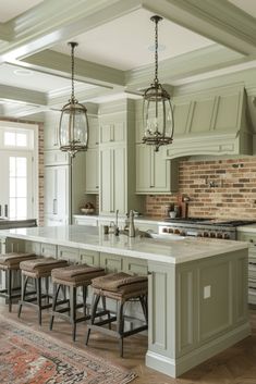 a large kitchen with an island and bar stools