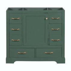 a green cabinet with gold handles and drawers on the bottom, in front of a white background