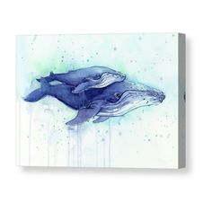 a watercolor painting of two dolphins swimming in the ocean with bubbles coming out of their mouths