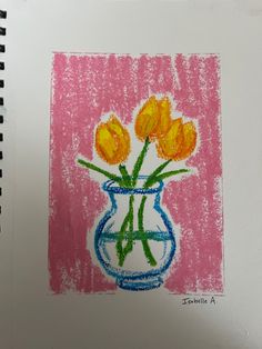 a drawing of yellow flowers in a blue vase on a pink and white paper background