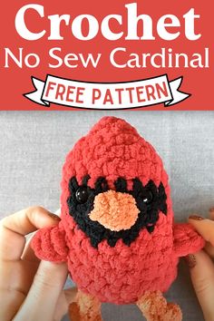 This Crochet No Sew Cardinal Pattern brings cardinals to life with charming details like little wings, a pointed head, and curvy talons, all crocheted in one go without sewing. Using Bernat Blanket yarn in crimson, orange, and coal, and a 6 mm crochet hook, the pattern ensures no stuffing peeks through. It’s a delightful project for winter or Christmas, making a cute addition to any handmade collection. Cardinal Amigurumi Free Pattern, Cardinal Crochet Pattern Free, Crochet Cardinal Pattern, Cardinal Crochet, Crochet Cardinal, Crochet Chickens, Winter Crochet Ideas, Crochet No Sew, Cardinal Pattern