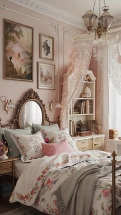 a bedroom with pink walls and white curtains