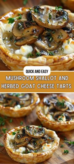 mushroom and cheese tarts with text overlay