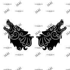 two black and white silhouettes of lions with swirly hair on their backs, facing each other