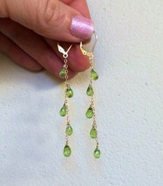 14k gold Natural Green Peridot Cascade Earrings. Long chains. Pedidot jewelry. August birthstone. Leo Birthday, Peridot Earrings, August Birthstone Jewelry, August Birthstone, Funky Jewelry, Green Peridot, Green Earrings