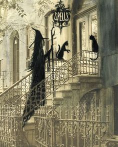 a drawing of a woman walking down the stairs in front of a building with cats on it