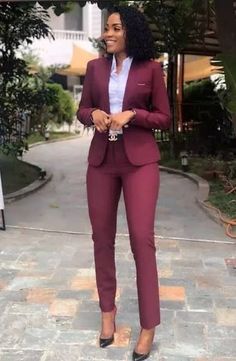 This unique Ladies burgundy colour suit is designed with high quality wool material that guarantees durability and comfort. It is suitable for all kinds of occasion and it can be worn all year round. It comes in 2 pieces (Jacket + pant), the jacket can also be worn with any pant/jeans. For custom orders, Please feel free to start a  conversation for further enquires. Your satisfaction is our priority  I hope you have a pleasurable shopping experience Trendy Work Outfit, Business Professional Outfits, Fashionable Work Outfit, Corporate Attire, Business Outfits Women, Woman Suit Fashion, Pantsuits For Women, Elegante Casual, Classy Work Outfits