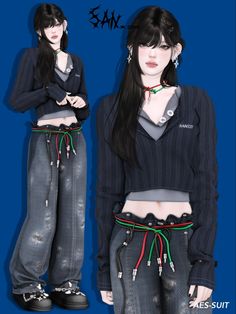 an image of a woman with long black hair wearing grey pants and a crop top