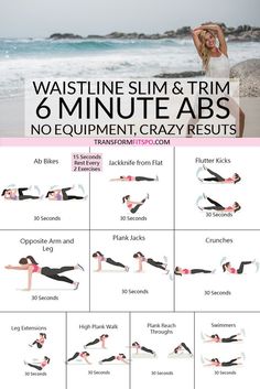 a woman doing an exercise with the words waistline slim & trim 6 minute abss no equipment crazy results