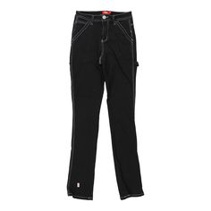 Description:Vintage Dickies black carpenter trousers, fit a UK size 6 - mid rise with a 26" waist. Size conversion: US Size: 2EU Size: 34IT Size: 38 RISE TYPE: Mid RiseWAIST: 26 inches / 66cmsINSEAM: 32 inches / 81cmsRISE: 9.5 inches / 24cmsGENDER: womens CONDITION: good- marks on front.STYLE: carpenter trousersERA: 1990sCOLOUR: blackFABRIC: cotton blend Black Utility Straight Leg Work Pants, Urban Mid-rise Bottoms For Workwear, Urban Mid-rise Workwear Bottoms, High Rise Bottoms With Contrast Stitching For Streetwear, Black Cargo Style Jeans For Work, Black Utility Jeans With Tapered Leg, Mid-rise Work Pants With Contrast Stitching, High Rise Pants With Contrast Stitching For Work, Black Work Pants With Five Pockets