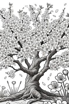 an ink drawing of a tree with white flowers