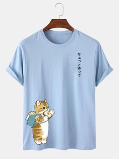 Material:100%CottonPackage included:1*T-Shirt. Summer Cotton Shirt With Cat Design, Casual Short Sleeve T-shirt With Cat Print, Casual Cat Design Short Sleeve Shirt, Casual Summer Shirt With Cat Design, Casual Short Sleeve Shirt With Cat Design, Blue Cat Print Summer Tops, Blue Cat Print Tops For Summer, Light Blue T-shirt With Cartoon Print For Spring, Casual Blue Shirt With Cartoon Print