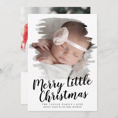 a baby's birth card with the words merry little christmas in black and white