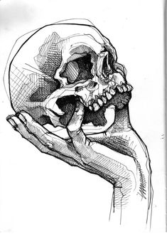 a black and white drawing of a human skull in the palm of someone's hand