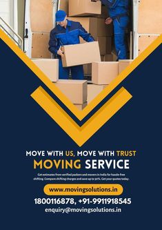 moving company flyer with two men in blue overalls loading boxes into the back of a moving truck