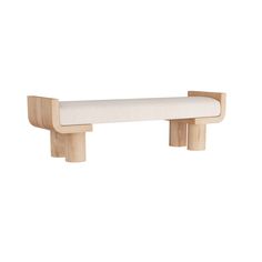 a wooden bench with a white cushion on it's back end and two legs