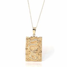 * INTRODUCTION----- This pendant is made with 14K yellow pure gold. It is made solid style. It looks very exquisite. The luxury yellow gold pendant is very shiny. Every angles and lines are so beautiful. It's an affordable gold gift for yourself and your love. * Specifications: approx.T & G Weight: 24.17 g Chain Width: 1 mmMaterial: 14K Yellow Gold, Solid StylePendant Dimensions (LWH): 59.21 mm *29.10 mm *4.80 mmChain Style: 18k Solid Wheat Gold Chain Chain Length: 18 In, W 1.910 g Out of Stock Gold Chain With Pendant, Gold Dragon, Gold Gift, Dragon Pendant, Jade Jewelry, Yellow Gold Chain, Yellow Gold Pendants, Unique Gemstones, Pure Gold