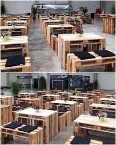 several pictures of tables and benches made out of pallet wood with plants in them