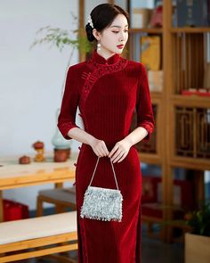 Traditional Red Cheongsam Dress Evening Dress - Weqipao Formal Long Red Cheongsam, Elegant Red Cheongsam, Elegant Red Ao Dai With Stand Collar, Elegant Red Cheongsam With Stand Collar, Formal Red High Neck Dress, Red Long Sleeve Cheongsam For Party, Modern Qipao Wedding, Qipao Wedding Dress, Red Cheongsam Dress