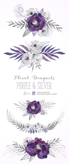 purple and silver watercolor flowers on white background with text that reads floral bouquets