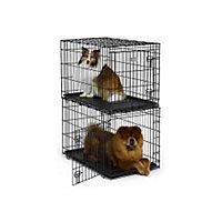 two dogs sitting in their cages on the floor