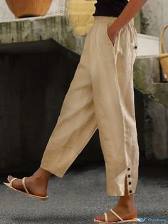 Orcajump - Plus Size Casual Pants, Women's Plus Solid Elastic Ruched Button Trousers With Pockets Casual Khaki Pants With Buttons, Casual Ankle-length Pants With Buttons, Casual Summer Pants With Button Cuffs, Casual Straight Leg Pants With Button Cuffs, Beige Summer Pants With Buttons, Summer Beige Pants With Buttons, Casual Ankle-length Pants With Button Cuffs, Casual Pants With Buttons And Loosely Fitted Hips, Beige Bottoms With Button Cuffs For Summer