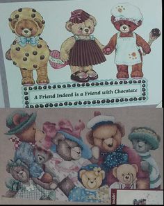 two pictures of teddy bears with different outfits and hats on them, one has a card that says friend is a friend with chocolate