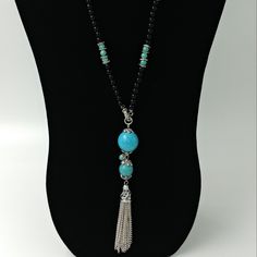 Nwt Tesori Long Length Tassle Necklace Black And Turquoise Beads With Silvertone Accent 21.5" Full Length - Slip Over No Clasp Black Tassel Necklace With Adjustable Fit, Black Tassel Necklace Gift, Black Tassel Necklace As Gift, Black Bohemian Jewelry With Tassels, Black Tassel Necklaces As Gift, Adjustable Black Tassel Necklace, Bohemian Long Necklace With Black Round Beads, Nice Jewelry, Necklace Black