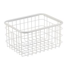 a white wire basket on a white background