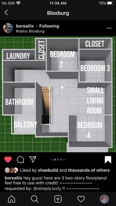 the floor plan for a house with three rooms and two bathrooms on each side,