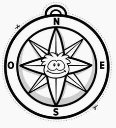 a compass with the letter s on it and an image of a smiling face in the center