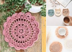 crocheted coasters and coffee cup holders are featured in this collage with plants