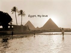 two people are standing in the water near pyramids and palm trees, with words that read egypt, my love