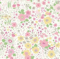 a white background with pink, yellow and green flowers