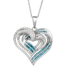 "A layered sterling silver design, decorated with blue and white diamonds, give this heart pendant a unique look. A layered sterling silver design, decorated with blue and white diamonds, give this heart pendant a unique look. Pendant: 1.21"" x 0.98"" Clasp: spring-ring Chain type: rope Base material: sterling silver Plating: sterling silver Finish: polished STONE DETAILS Setting: channel, prong Total carat: 1 ct. Color: blue, white Color grade: H-I Clarity: I2-I3 Size: 18"". Gender: female. Age Blue Pendant Jewelry For Anniversary, Blue Diamond Cut Necklace In Sterling Silver, Blue Diamond Necklace For Anniversary, Blue Fine Jewelry With Heart Charm, Fine Jewelry Blue Heart Necklace, Blue Heart-shaped Jewelry For Anniversary, Blue Diamond Pendant Necklace For Anniversary, Blue Heart Charm Fine Jewelry, Blue Heart-shaped Fine Jewelry Necklace