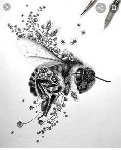 a pencil drawing of a bee with flowers on it's back and a pen next to it