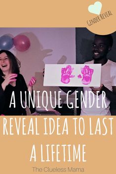 two people standing next to each other in front of balloons and the words, a unique gender reveal idea to last a lifetime