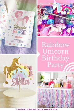 rainbow unicorn birthday party with pink, white and blue decorations