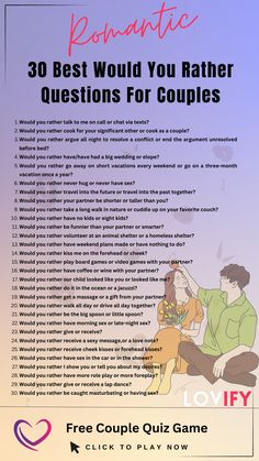 Dive into a world of intriguing choices and amusing debates with our Couple's Conundrum game! 🌐❓ From quirky scenarios to heartwarming choices, this collection of Would You Rather questions is your ticket to a night filled with laughter, surprises, and a deeper connection. Get ready to navigate the dilemmas together and discover new facets of your relationship! 🚀💖 Would You Rather Game For Couples, Hot Seat Questions For Couples, Texting Games For Couples, Text Games For Couples, Texting Games, Questions For Girls, Best Would You Rather, Hot Seat Questions, Couples Games